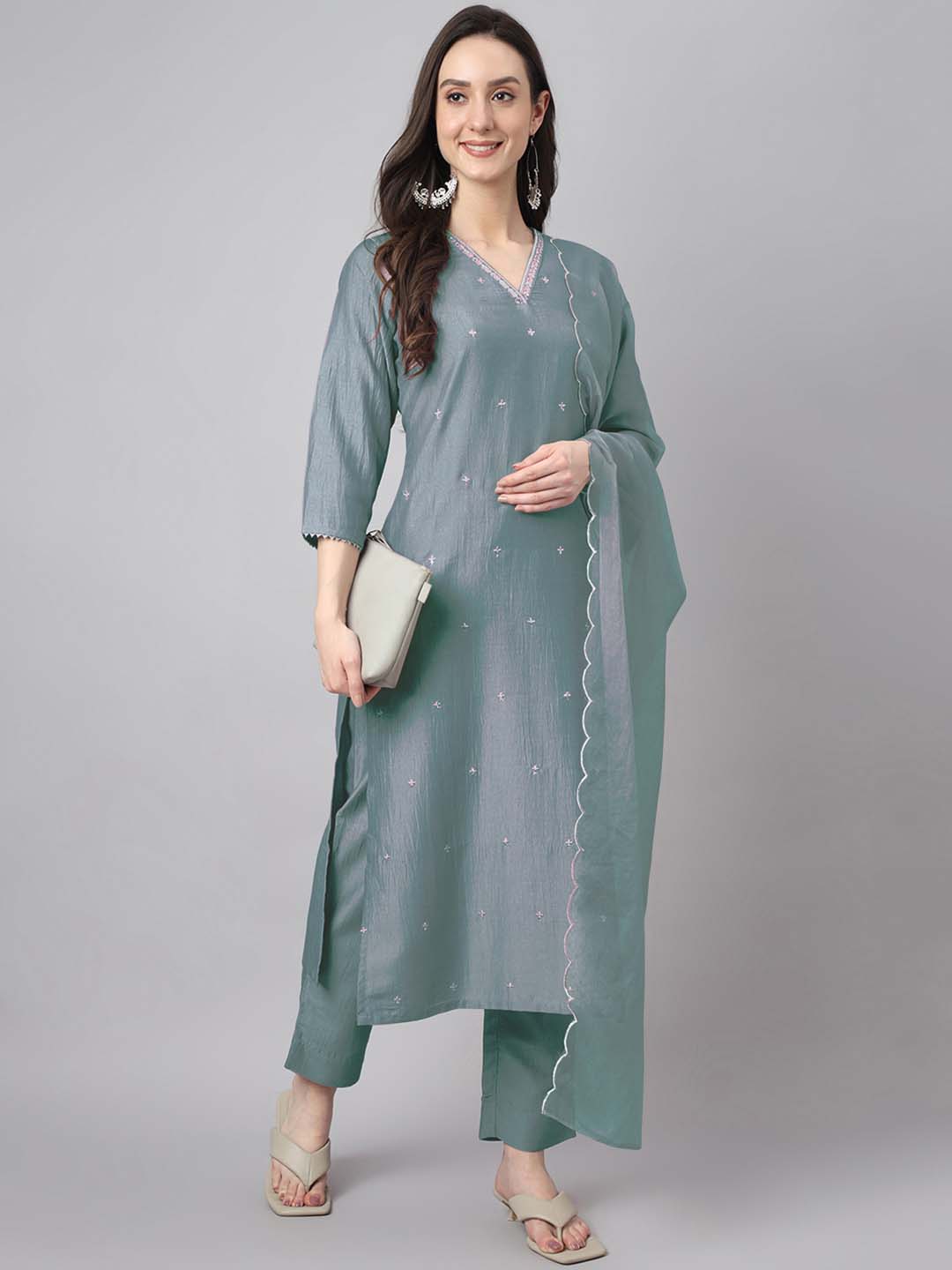 Ice Blue Silk Blend Embroidered Regular Kurta Set