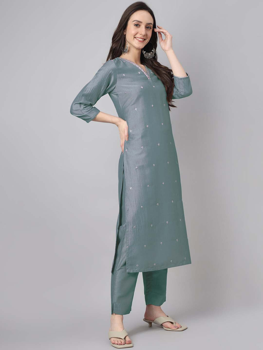 Ice Blue Silk Blend Embroidered Regular Kurta Set