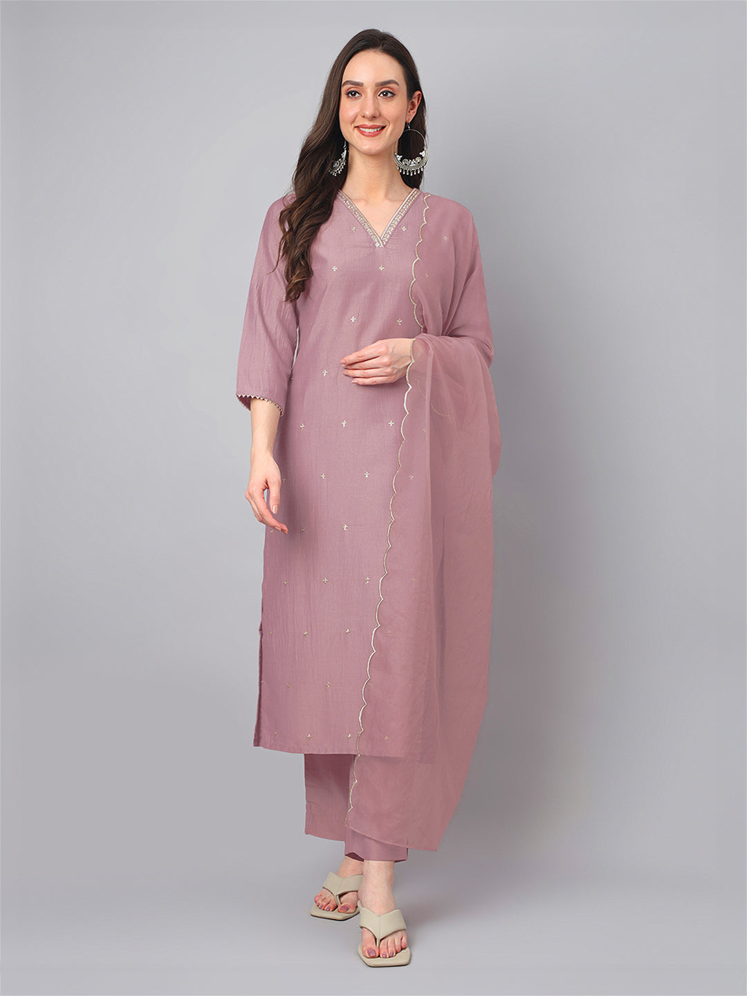 Mauve Silk Blend Embroidered Regular Kurta Set