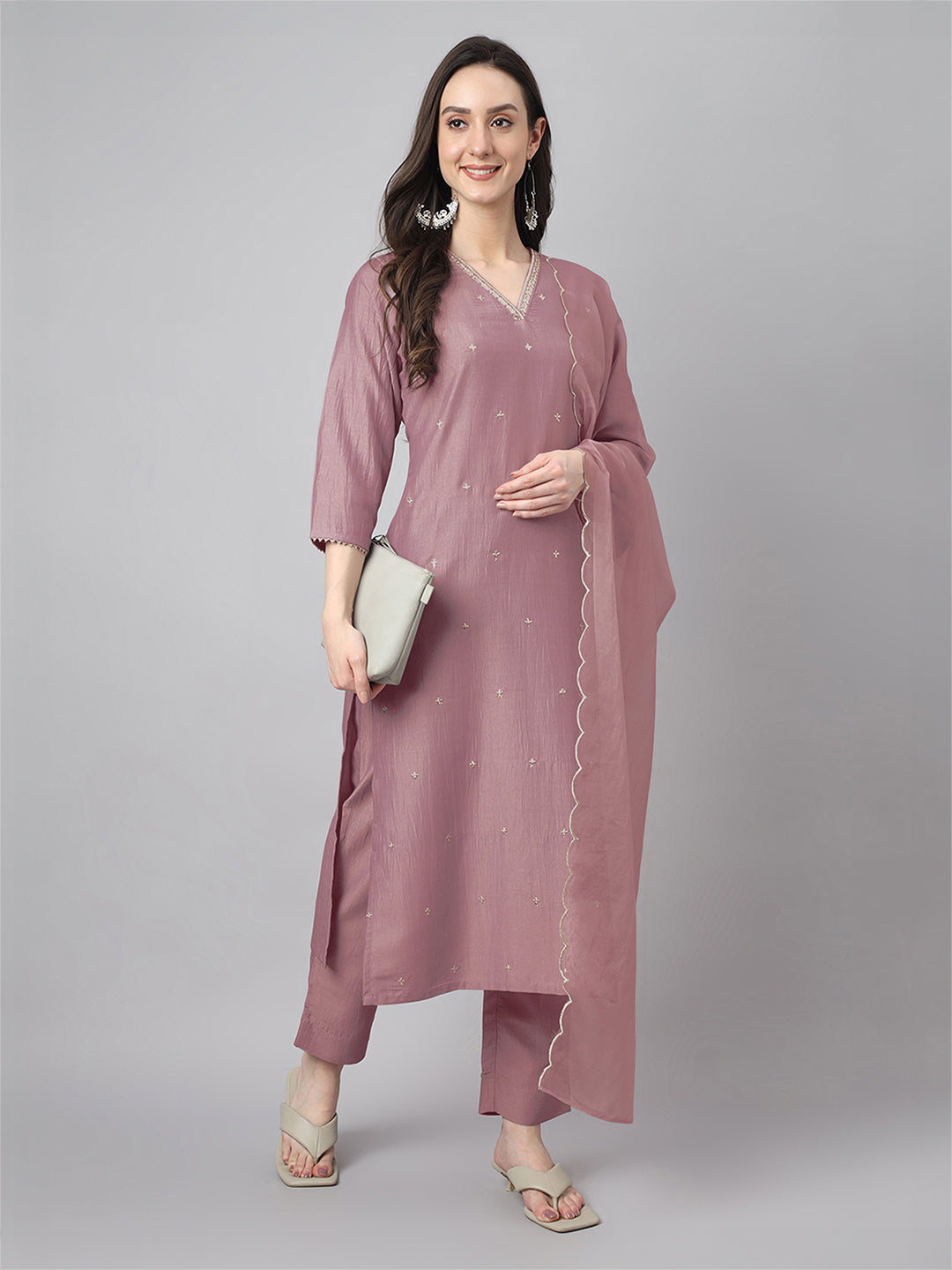 Mauve Silk Blend Embroidered Regular Kurta Set