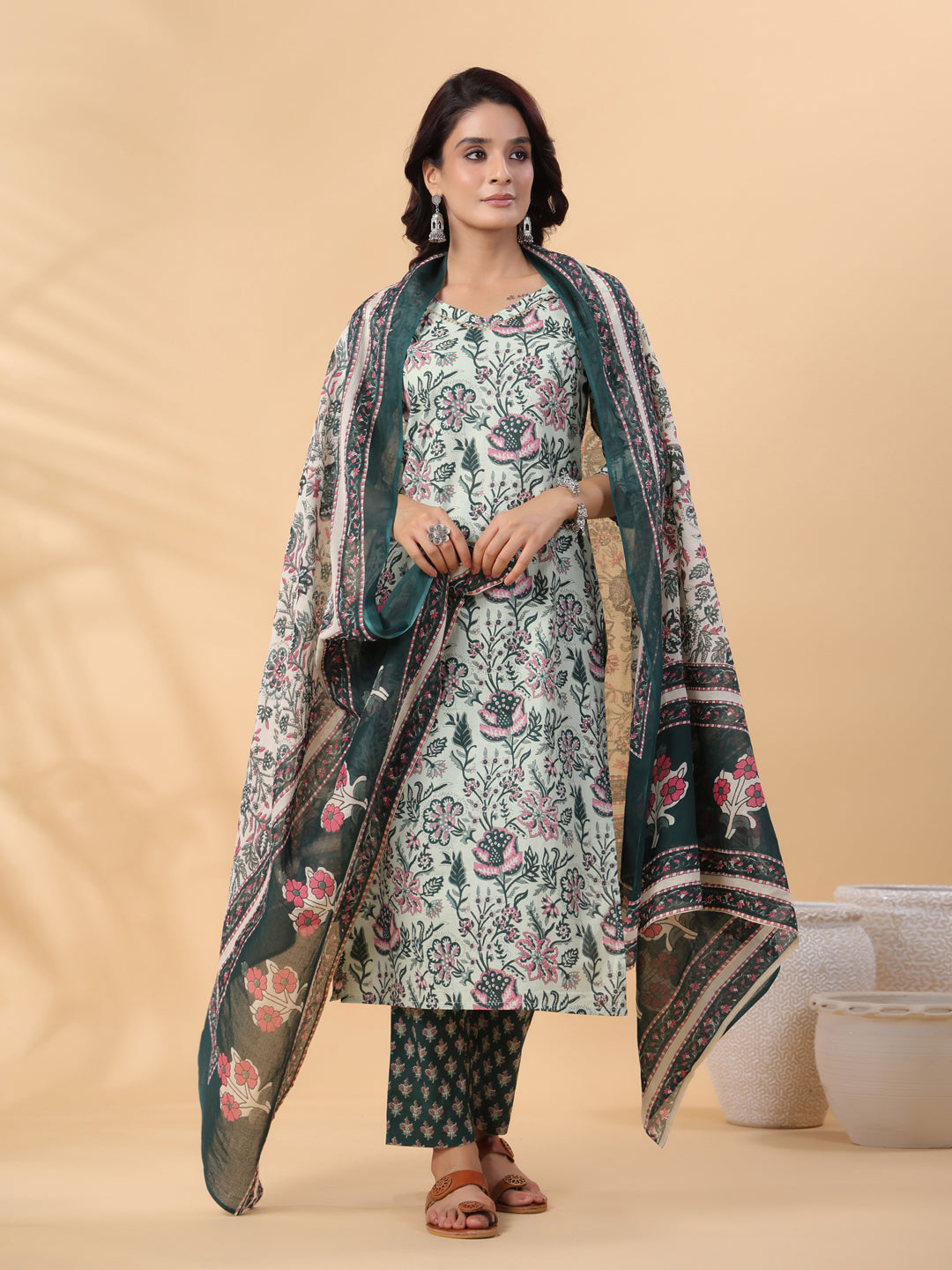 Sage Green Cotton Floral Kurta Set