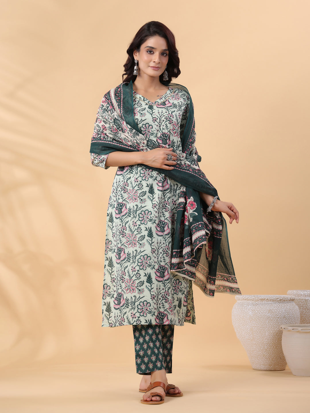 Sage Green Cotton Floral Kurta Set