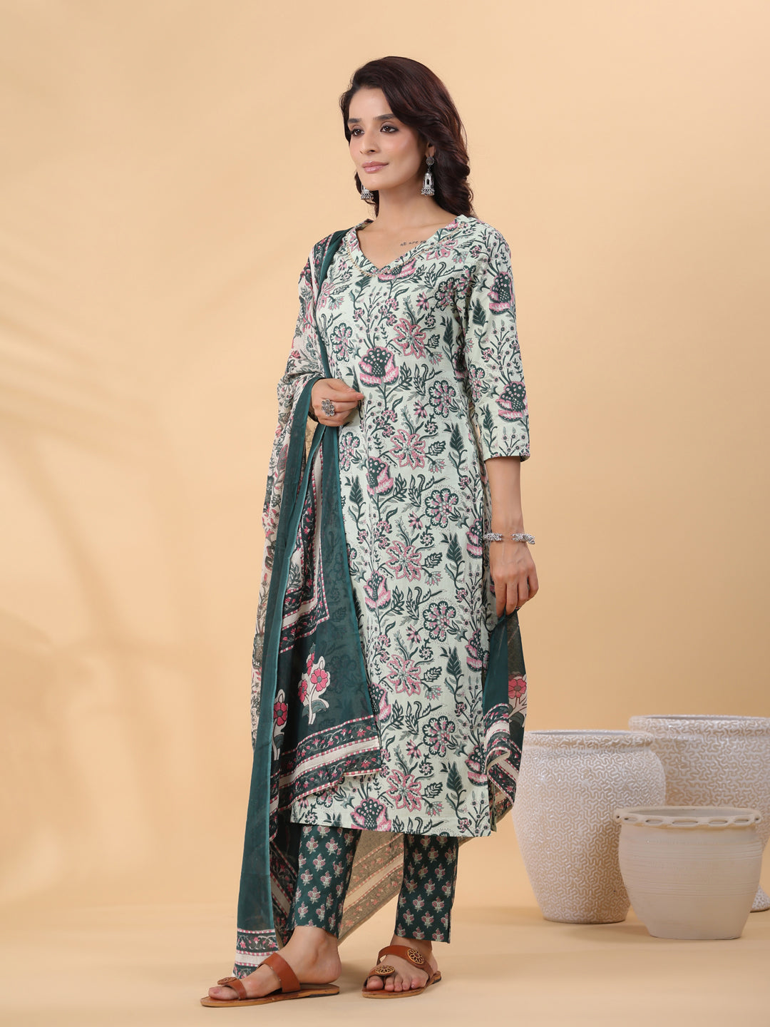 Sage Green Cotton Floral Kurta Set