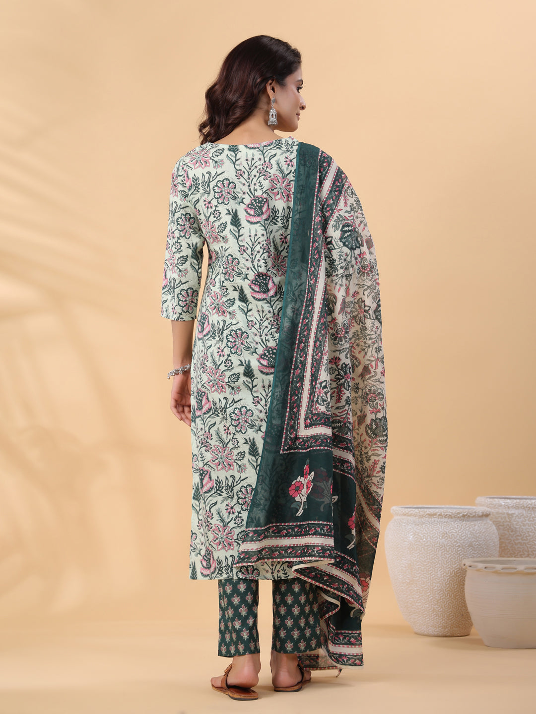 Sage Green Cotton Floral Kurta Set