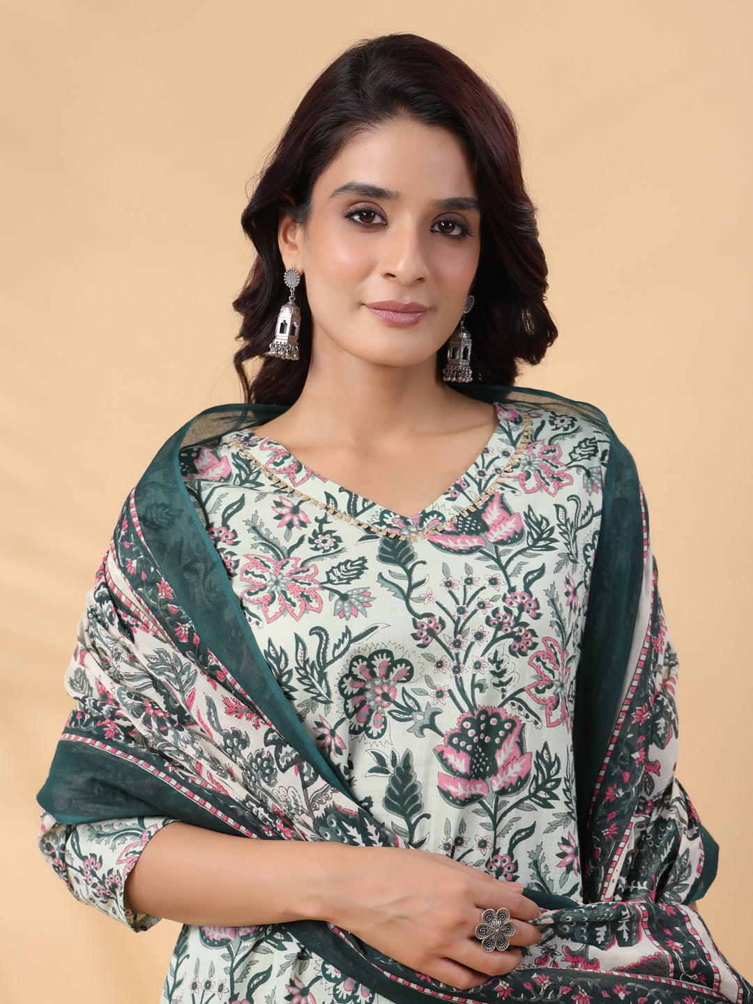 Sage Green Cotton Floral Kurta Set