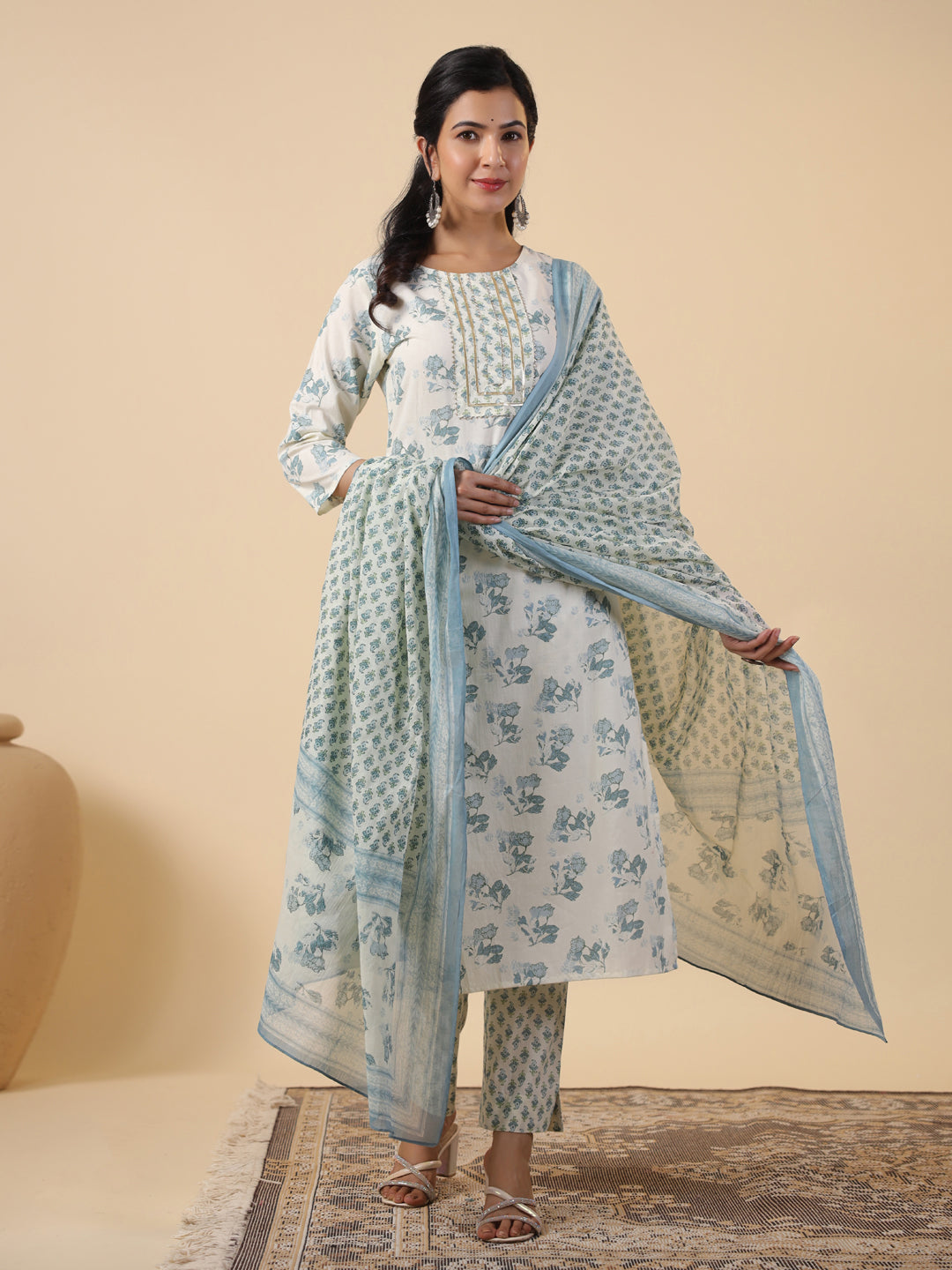 Cream Cotton Floral Printed Straight Kurta Set