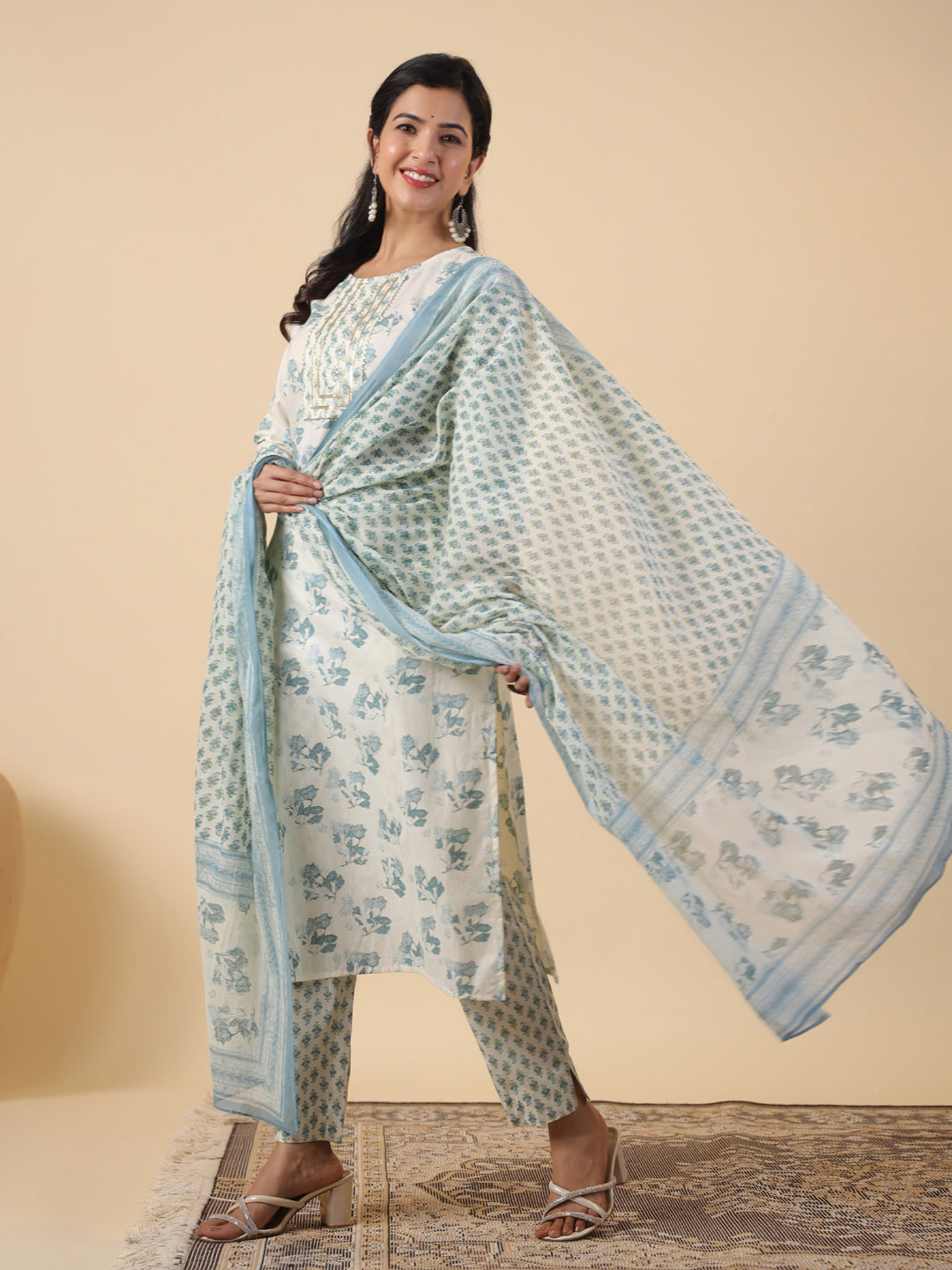 Cream Cotton Floral Printed Straight Kurta Set