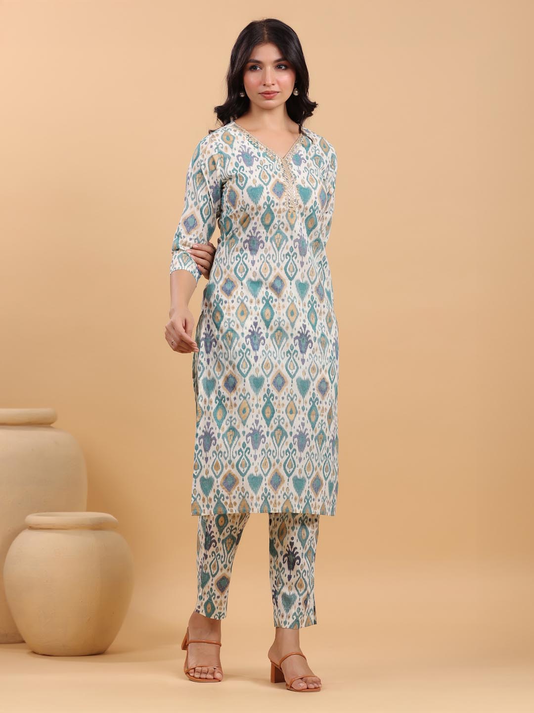 Off White Pure Cotton Ikkat Printed Straight Kurta With Pant Set