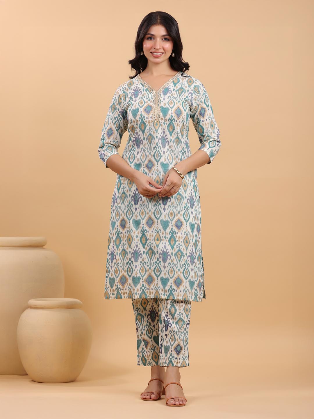 Off White Pure Cotton Ikkat Printed Straight Kurta With Pant Set