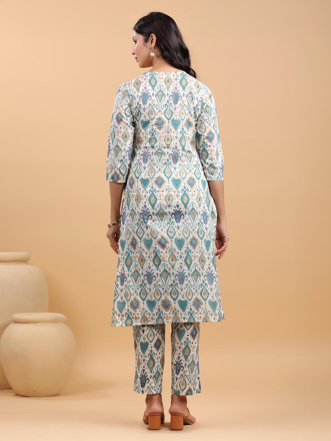 Off White Pure Cotton Ikkat Printed Straight Kurta With Pant Set