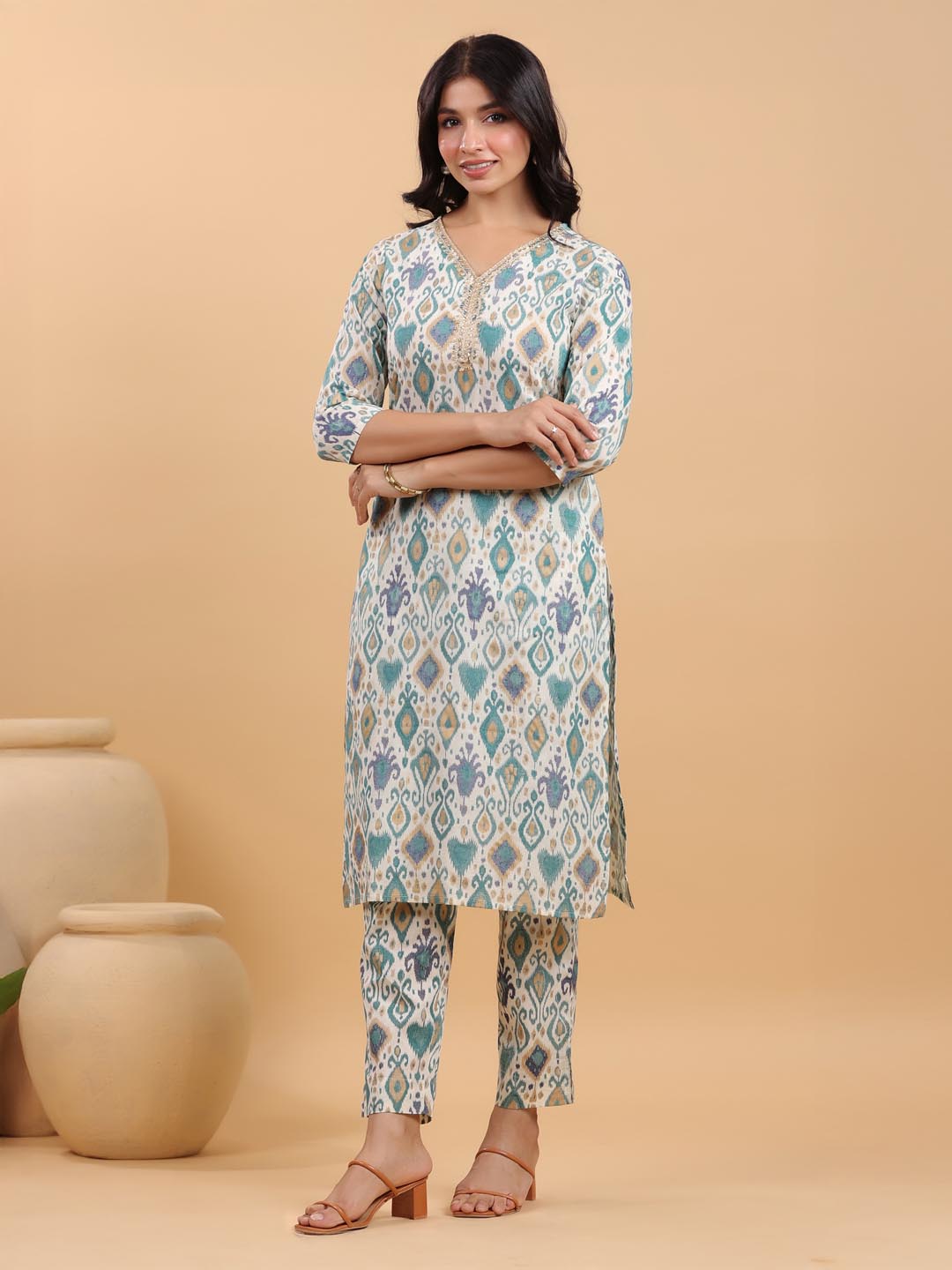 Off White Pure Cotton Ikkat Printed Straight Kurta With Pant Set