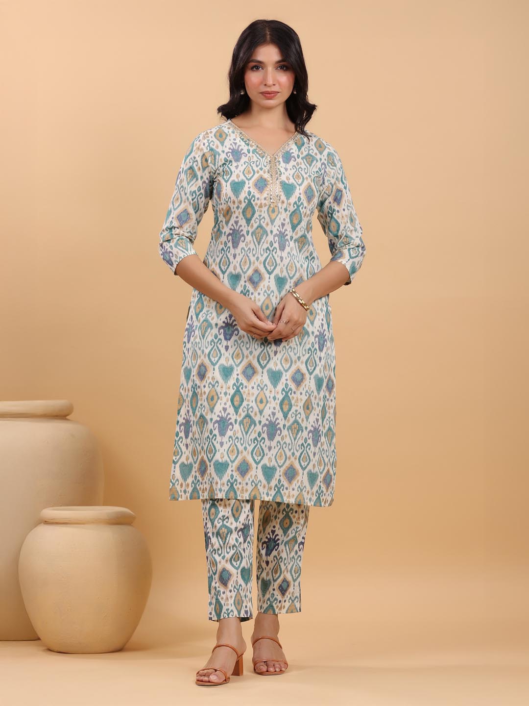 Off White Pure Cotton Ikkat Printed Straight Kurta With Pant Set