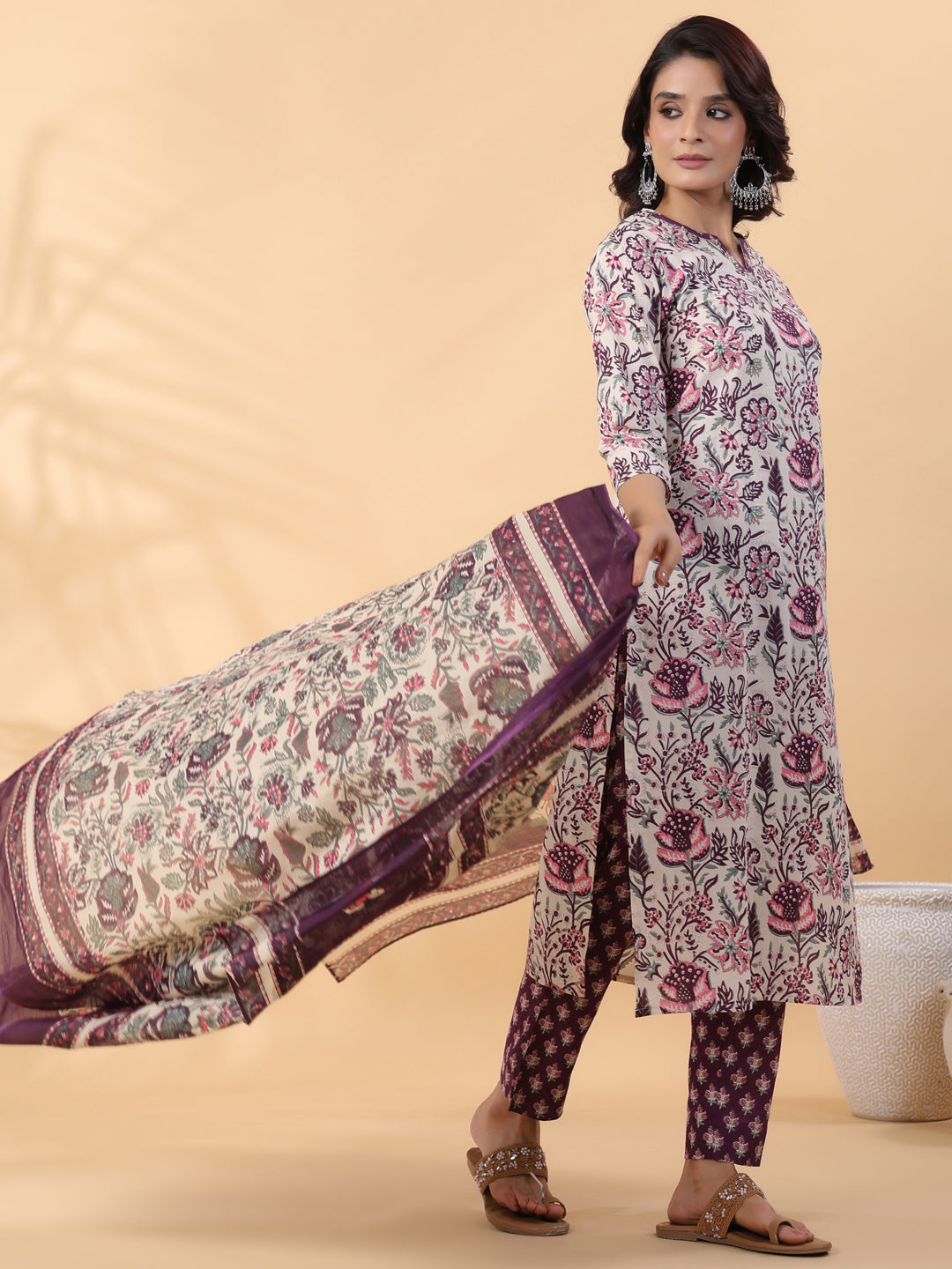 Cream Cotton Floral Printed Straight Kurta Set