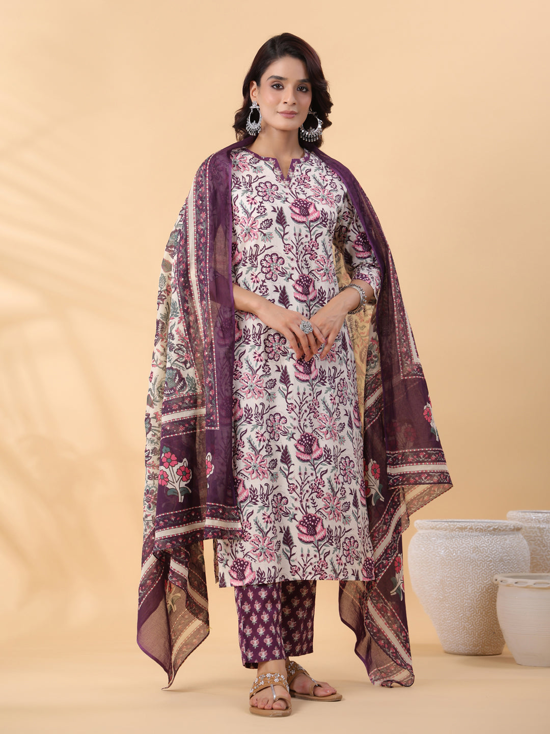 Cream Cotton Floral Printed Straight Kurta Set