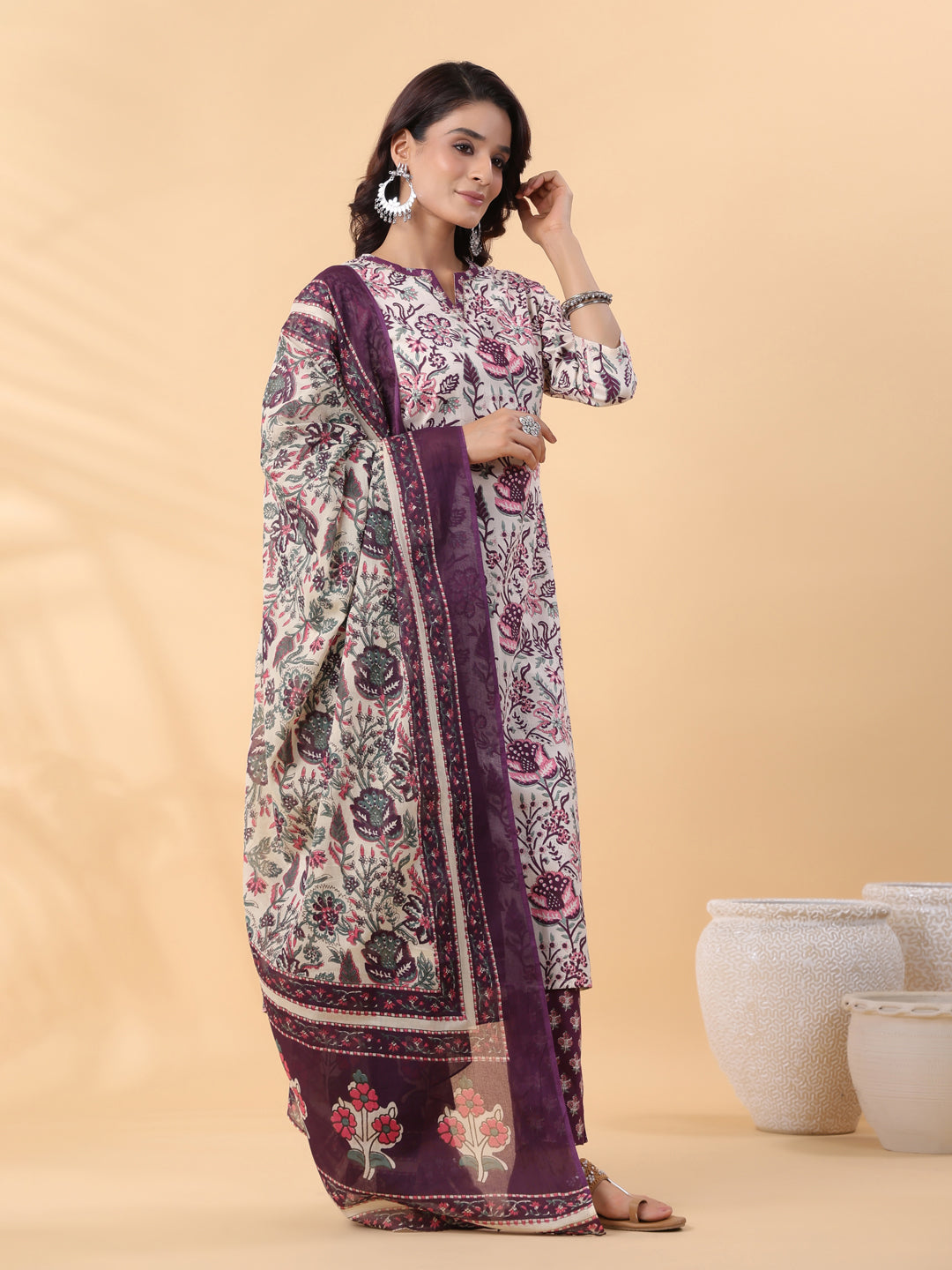 Cream Cotton Floral Printed Straight Kurta Set