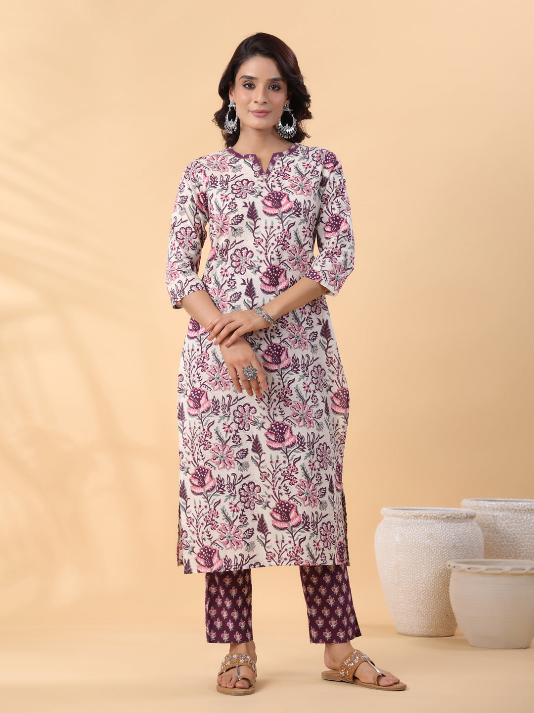 Cream Cotton Floral Printed Straight Kurta Set