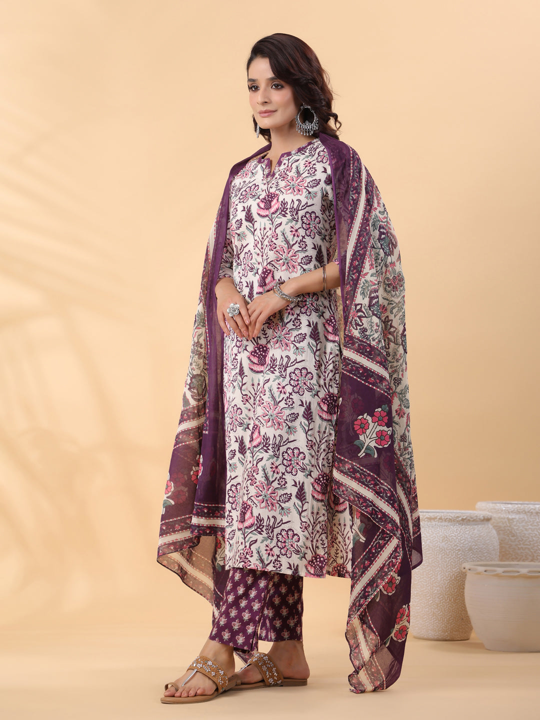 Cream Cotton Floral Printed Straight Kurta Set