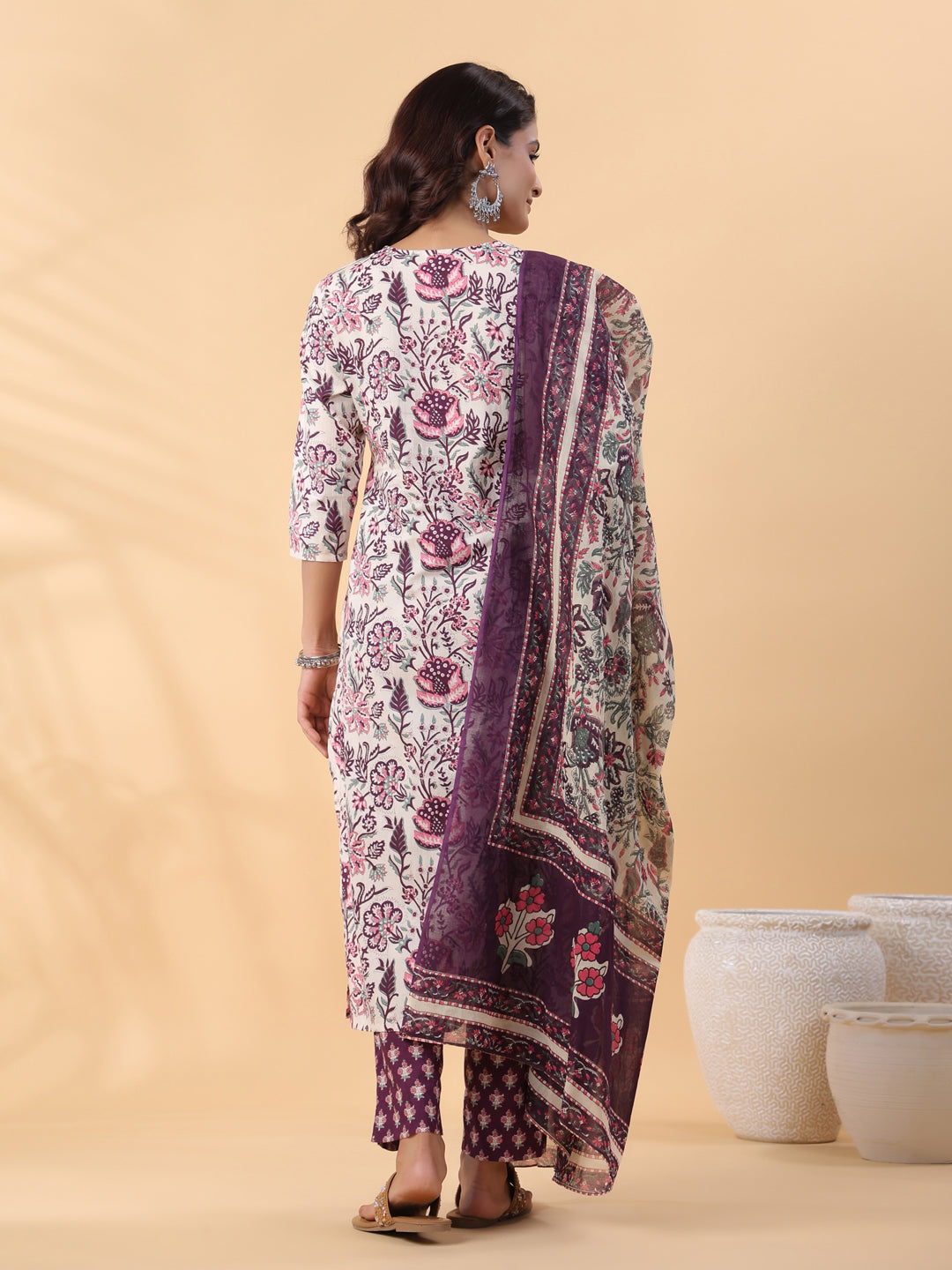 Cream Cotton Floral Printed Straight Kurta Set