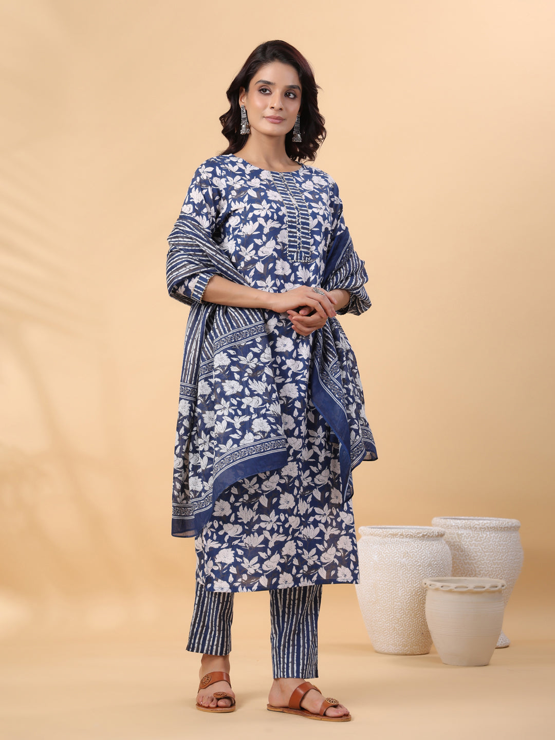 Blue Cotton Floral Printed Straight Kurta Set