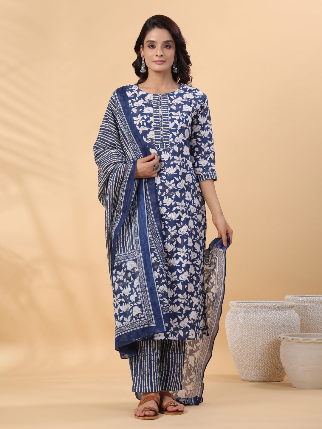 Blue Cotton Floral Printed Straight Kurta Set