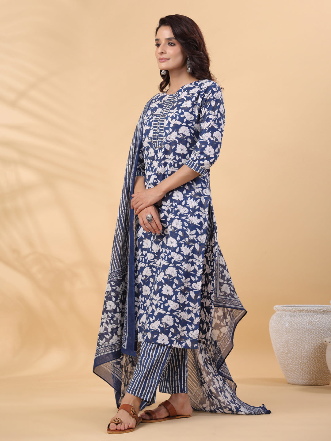 Blue Cotton Floral Printed Straight Kurta Set