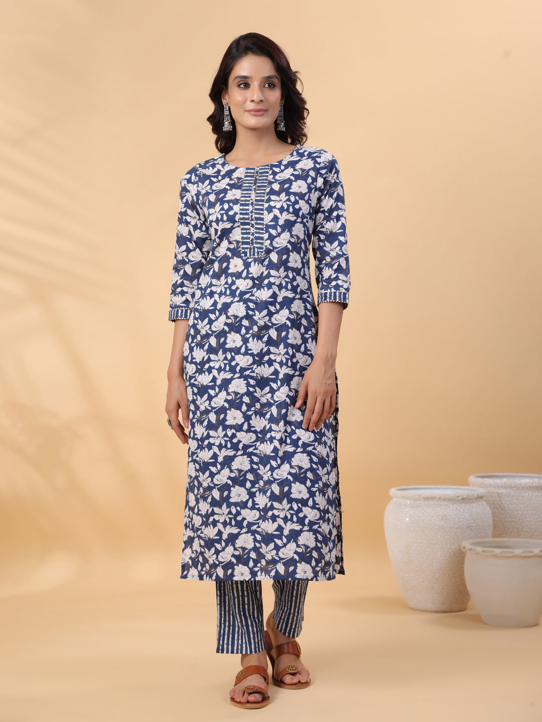 Blue Cotton Floral Printed Straight Kurta Set