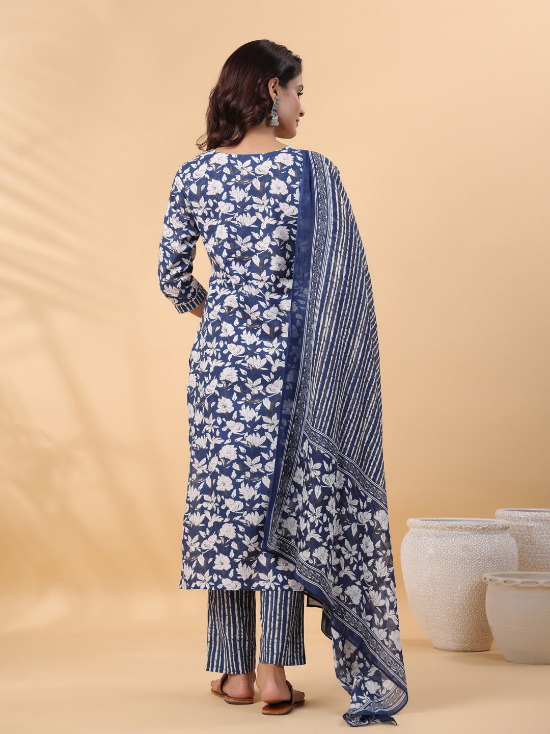 Blue Cotton Floral Printed Straight Kurta Set