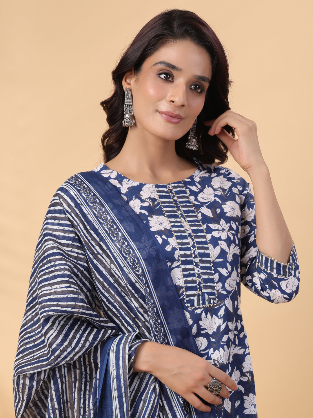 Blue Cotton Floral Printed Straight Kurta Set