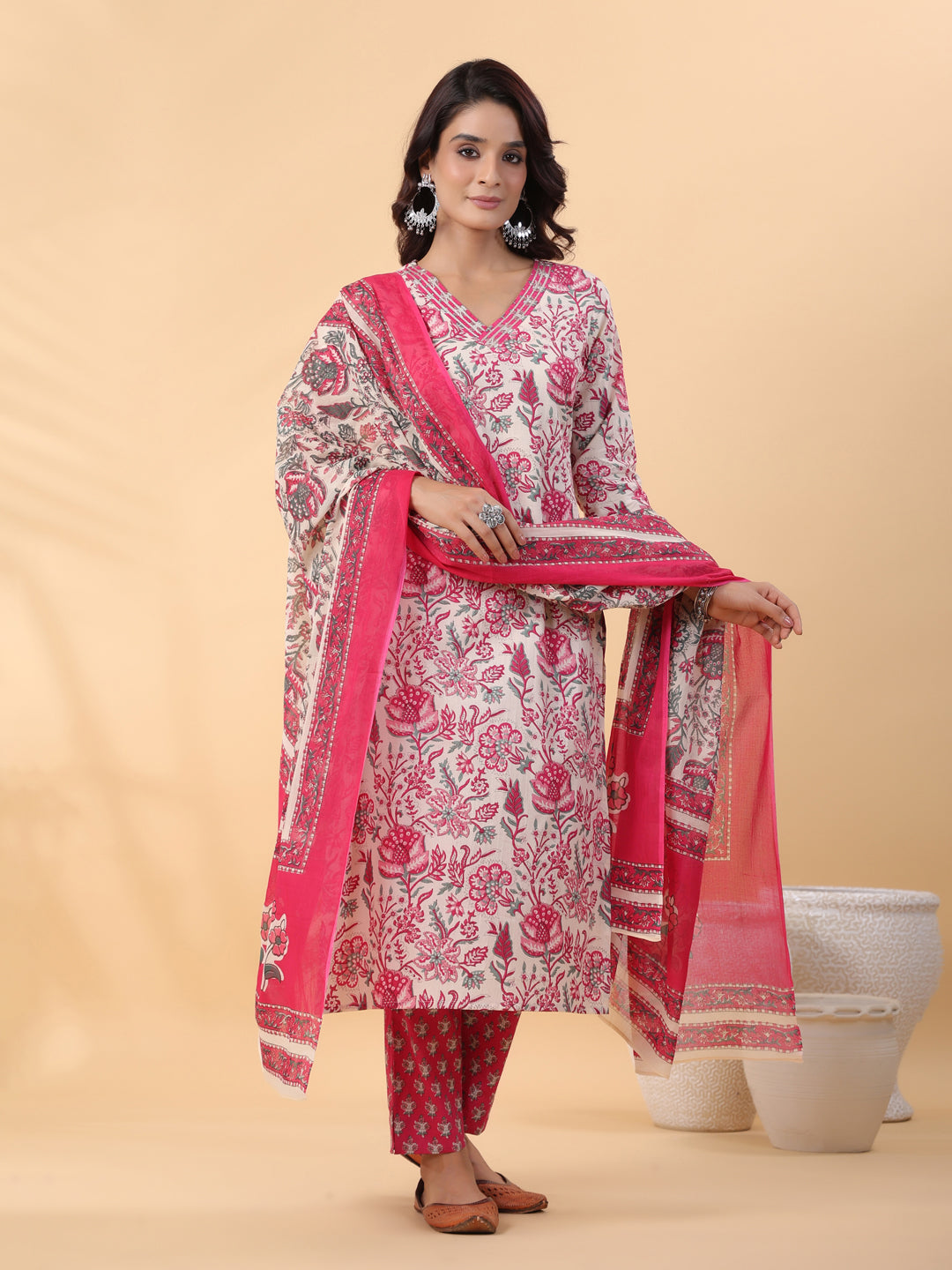 Off White Pure Cotton Floral Printed Straight Kurta Set