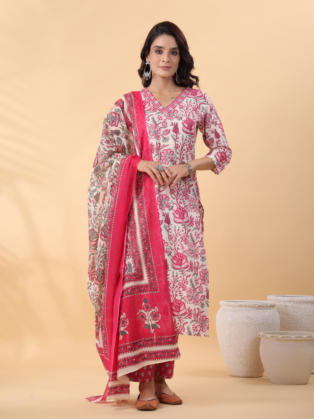 Off White Pure Cotton Floral Printed Straight Kurta Set