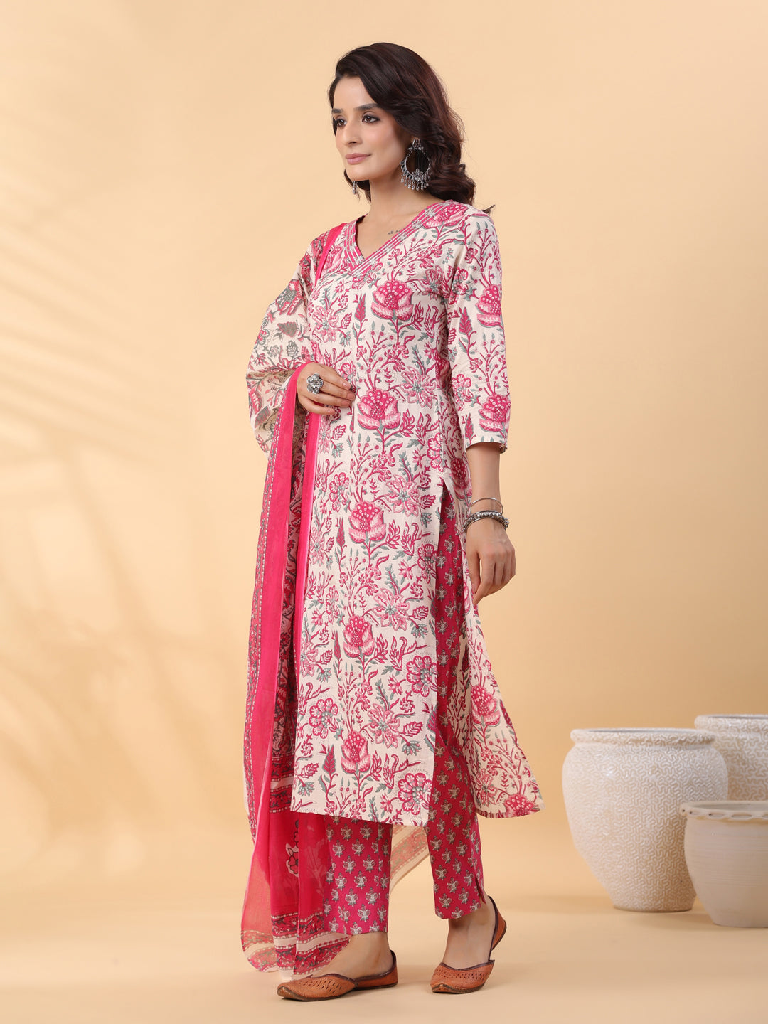 Off White Pure Cotton Floral Printed Straight Kurta Set