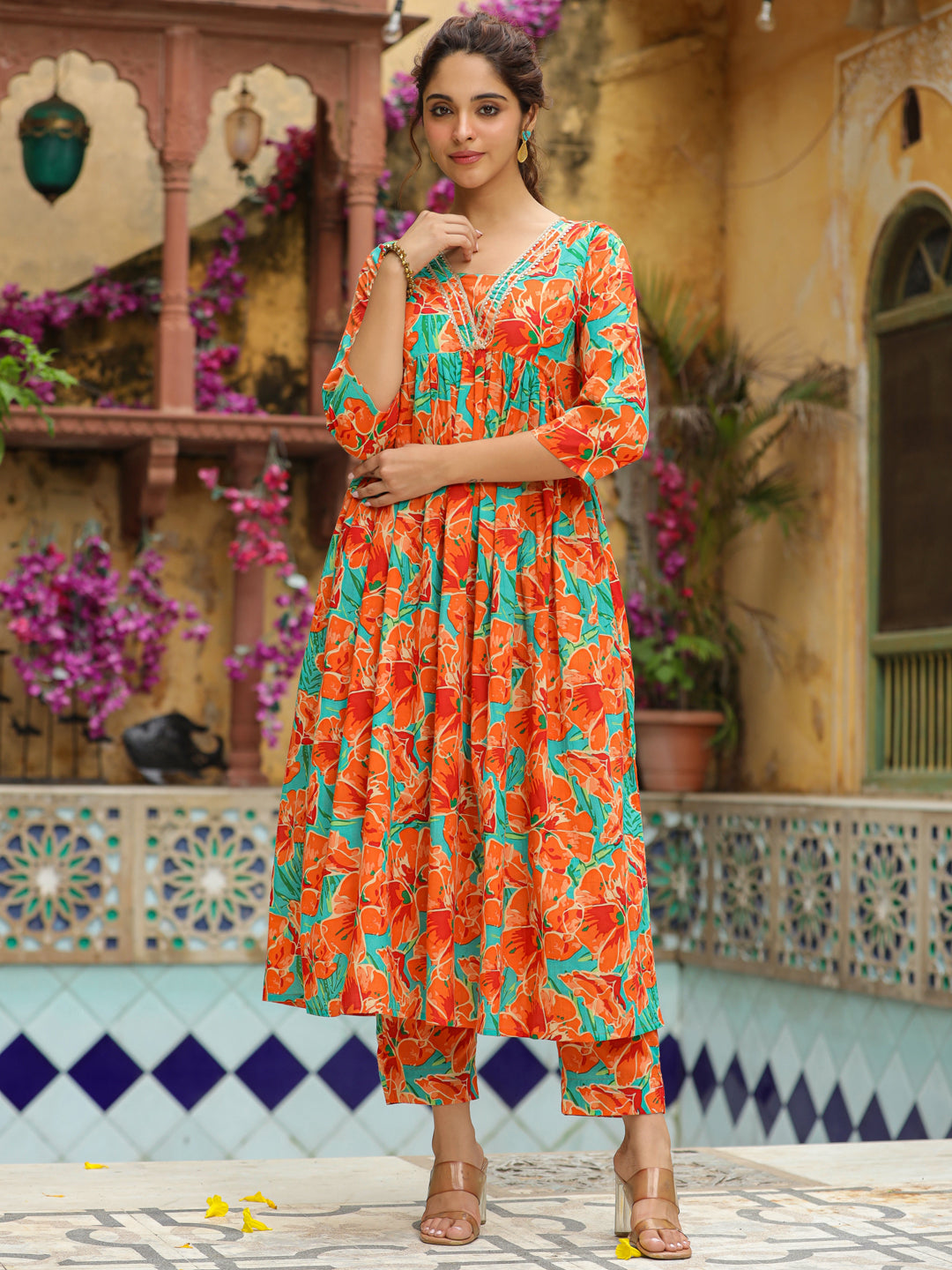 Orange Pure Cotton Floral Printed A-Line Kurta Set