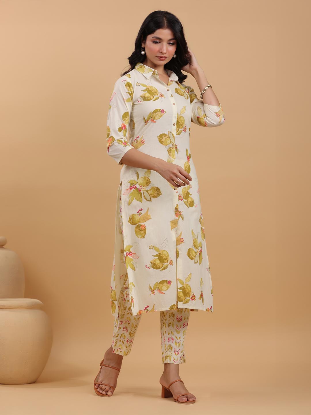 Cream Pure Cotton Floral Printed Button Down Shirt Style Kurta Set