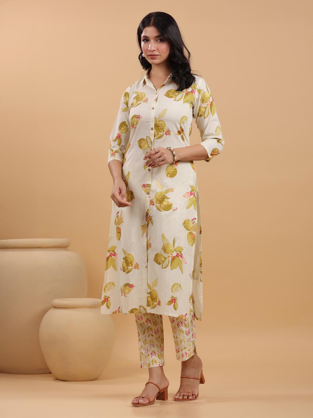 Cream Pure Cotton Floral Printed Button Down Shirt Style Kurta Set