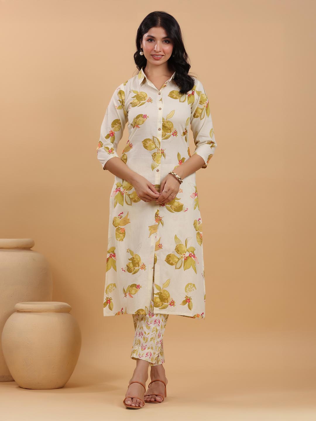 Cream Pure Cotton Floral Printed Button Down Shirt Style Kurta Set