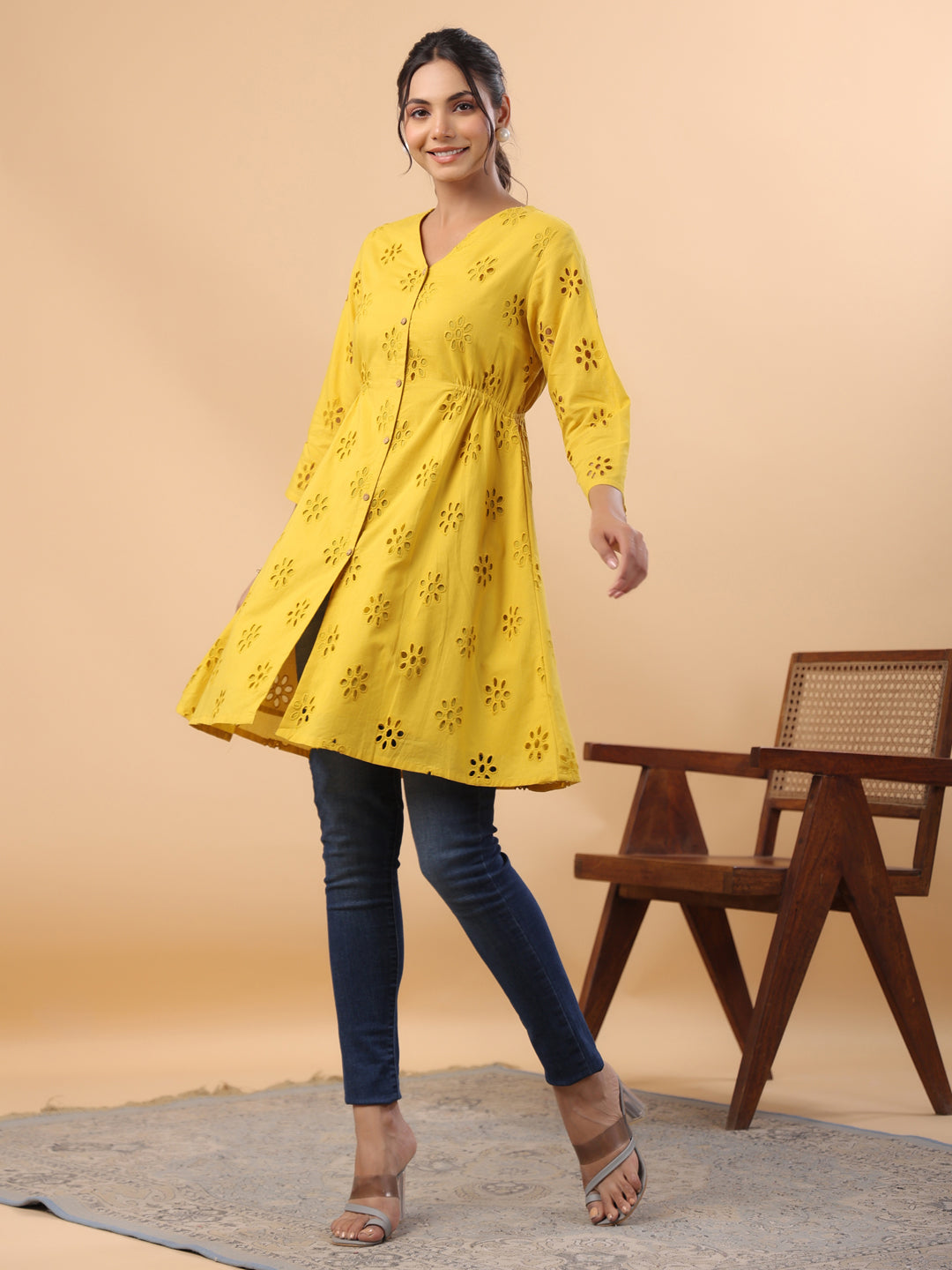 Mustard Pure Cotton Schiffli A-Line Tunic