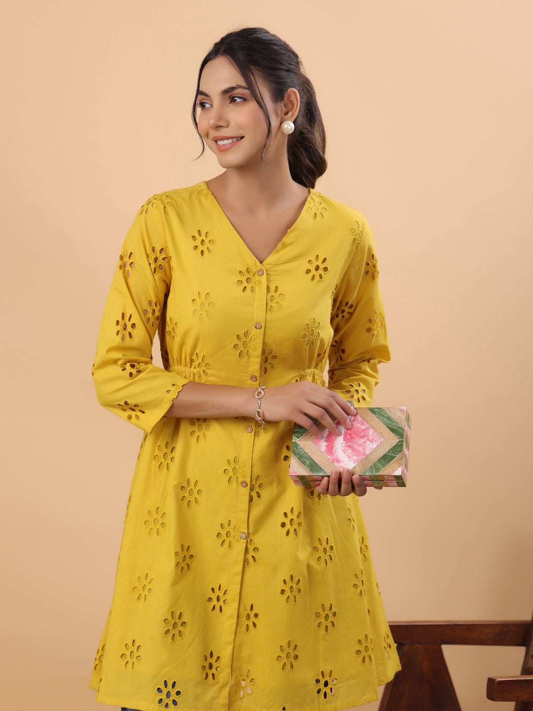 Mustard Pure Cotton Schiffli A-Line Tunic