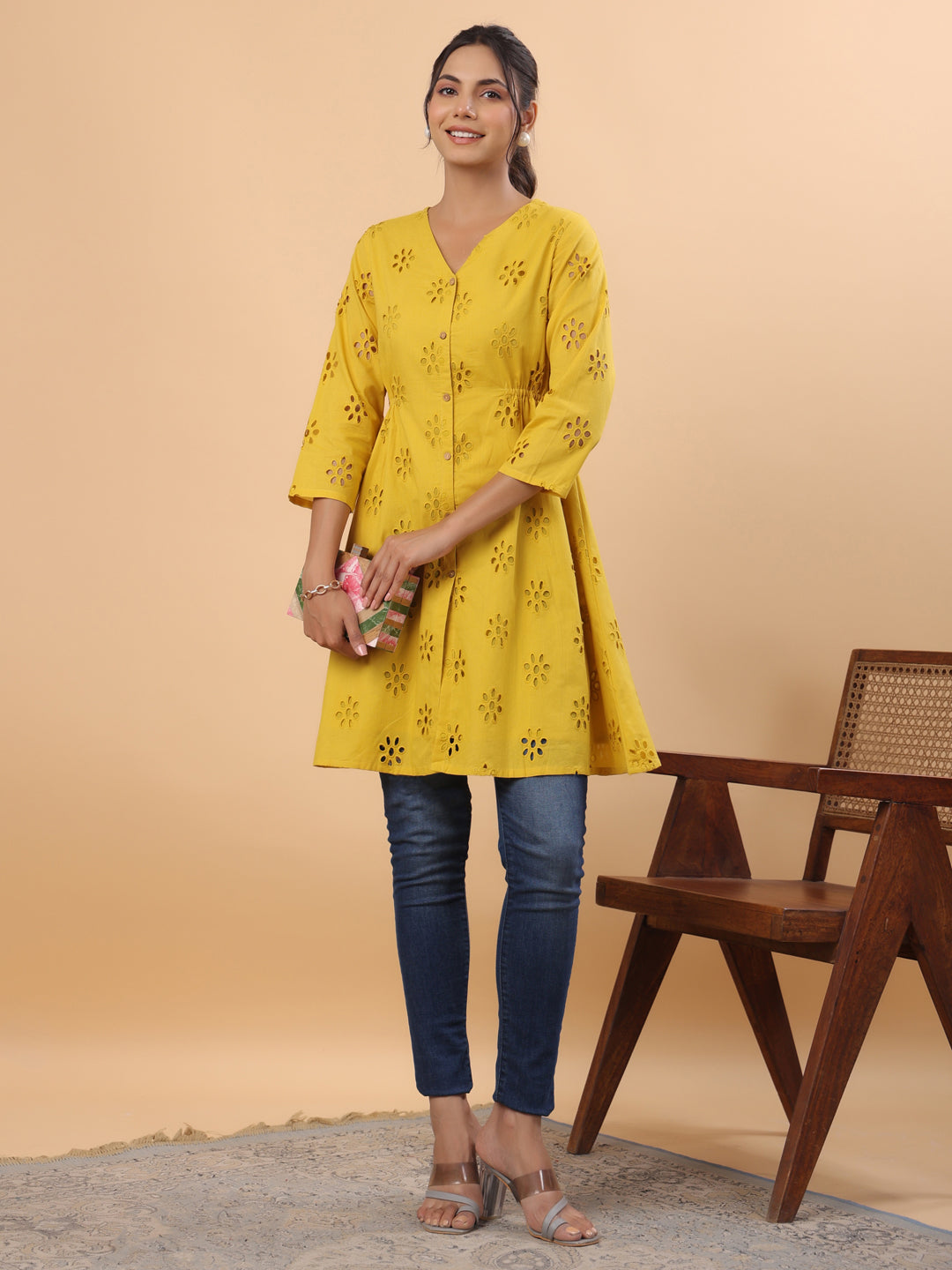 Mustard Pure Cotton Schiffli A-Line Tunic