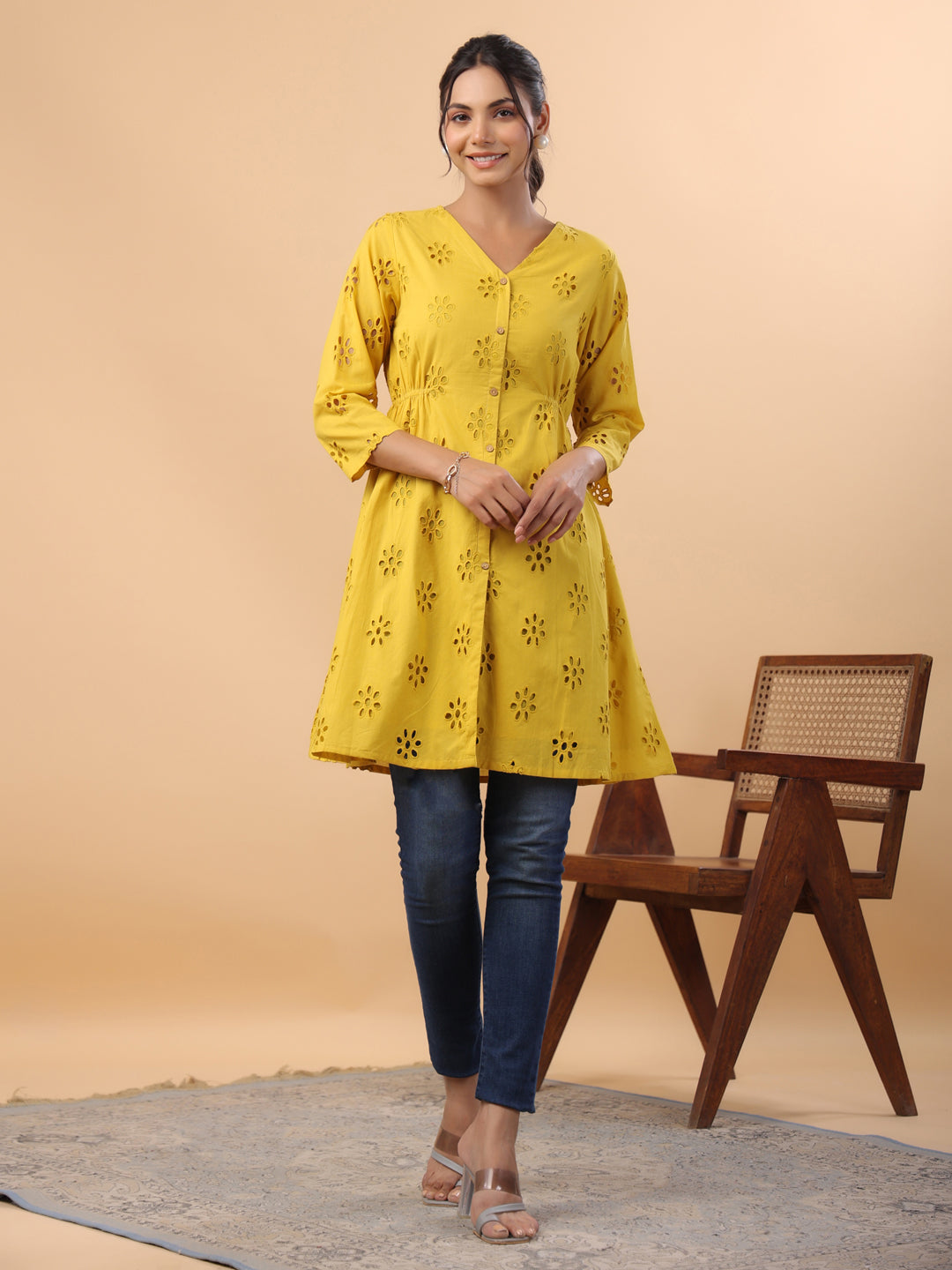 Mustard Pure Cotton Schiffli A-Line Tunic