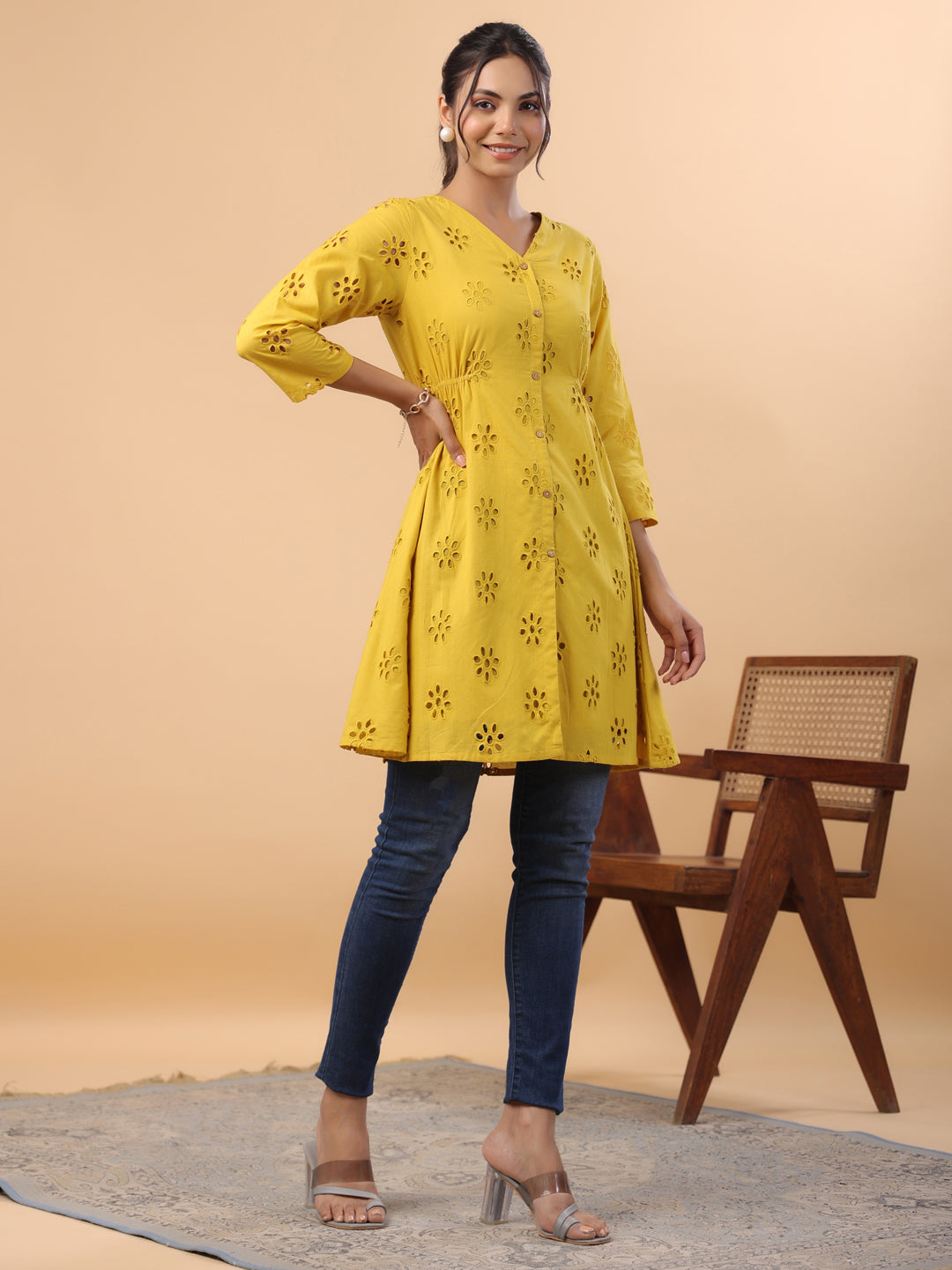 Mustard Pure Cotton Schiffli A-Line Tunic