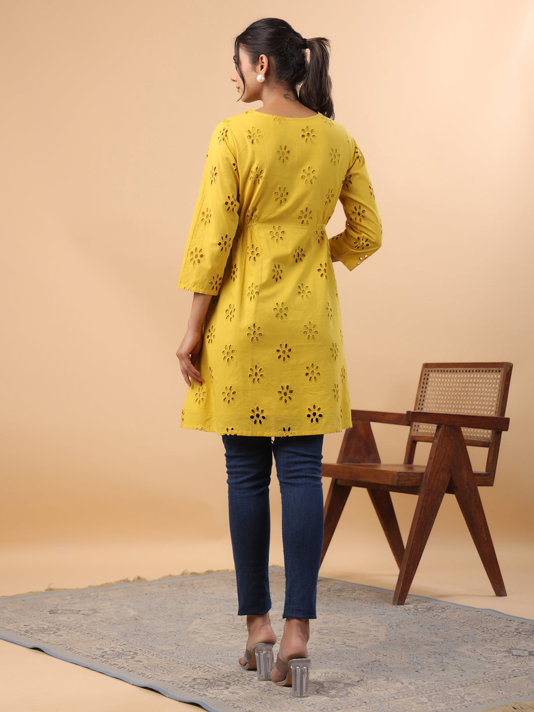 Mustard Pure Cotton Schiffli A-Line Tunic