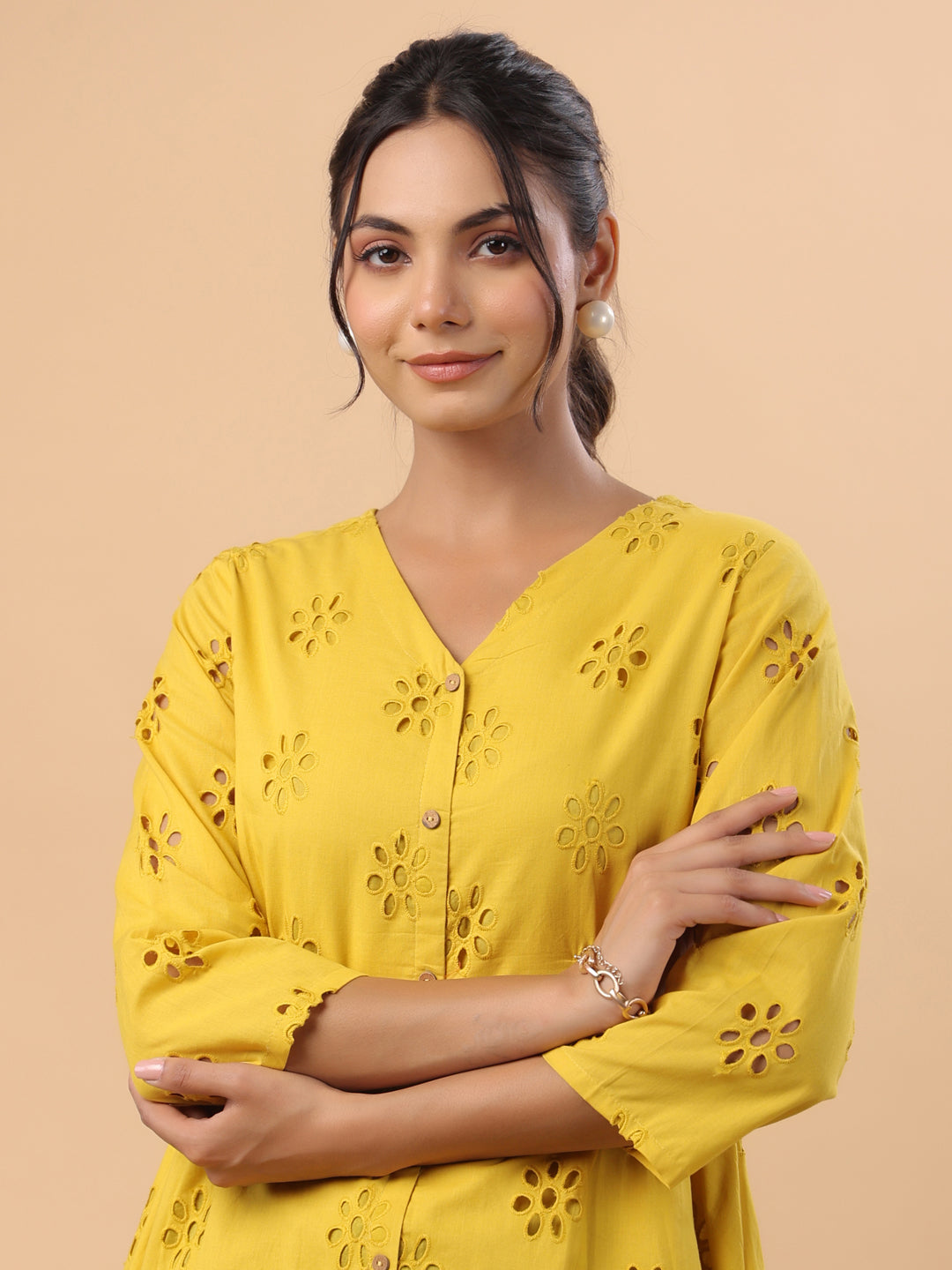 Mustard Pure Cotton Schiffli A-Line Tunic