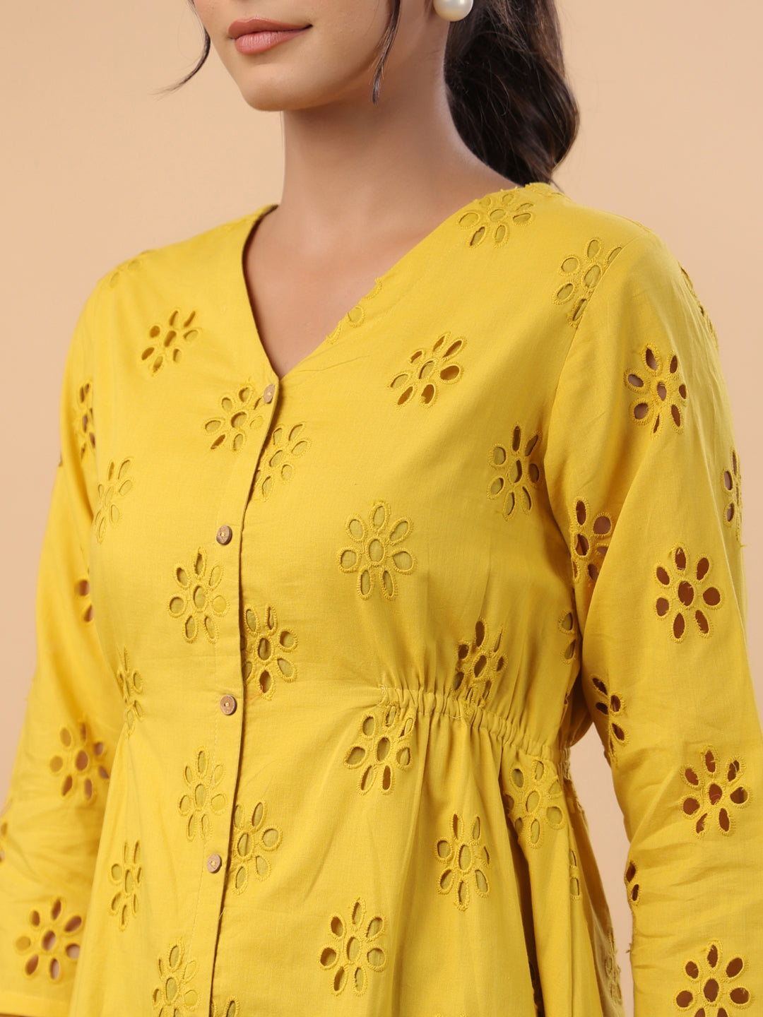 Mustard Pure Cotton Schiffli A-Line Tunic