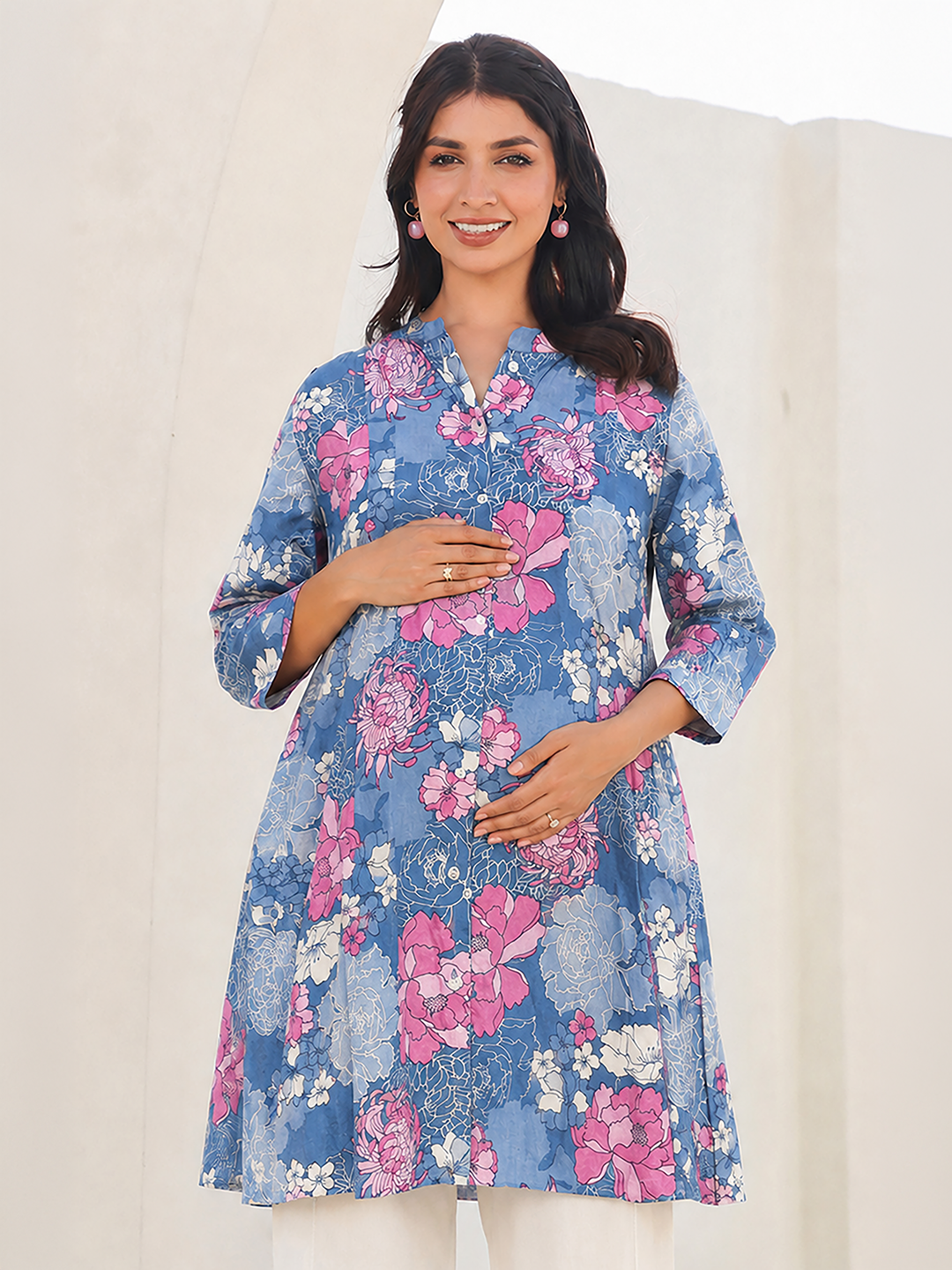 Janasya Women's Maternity Blue Pure Cotton Floral Printed A-Line Tunic