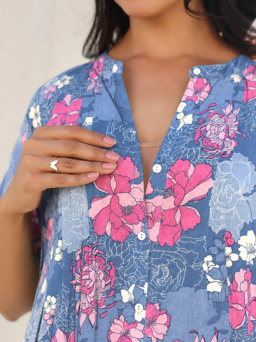 Janasya Women's Maternity Blue Pure Cotton Floral Printed A-Line Tunic