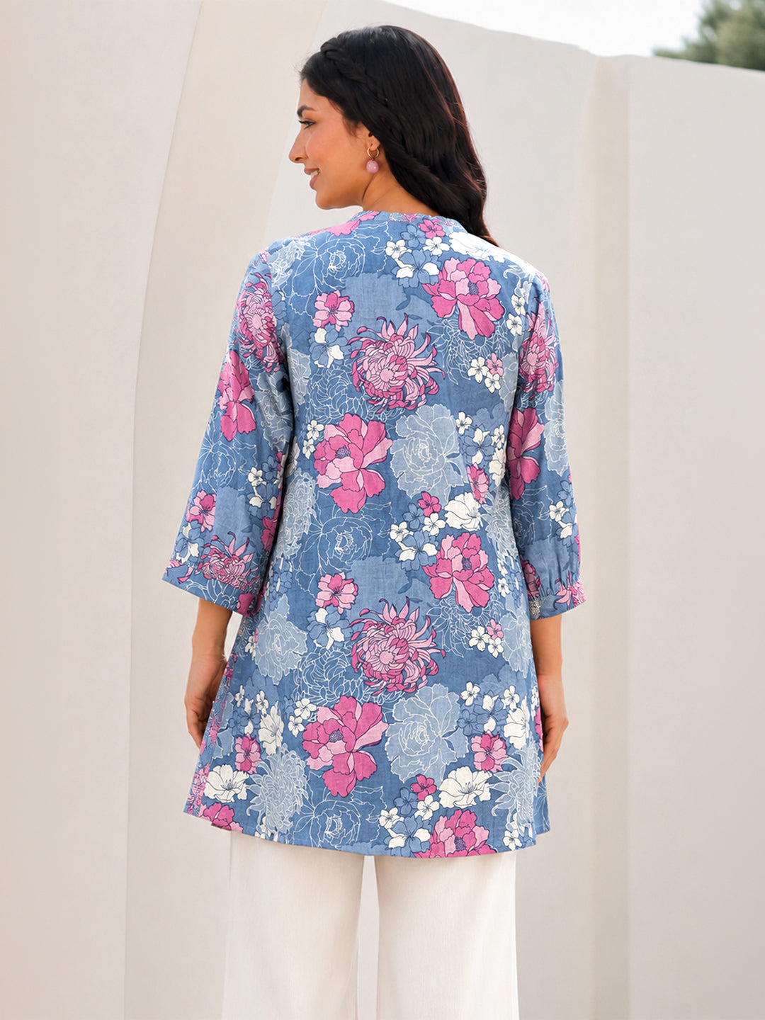 Janasya Women's Maternity Blue Pure Cotton Floral Printed A-Line Tunic