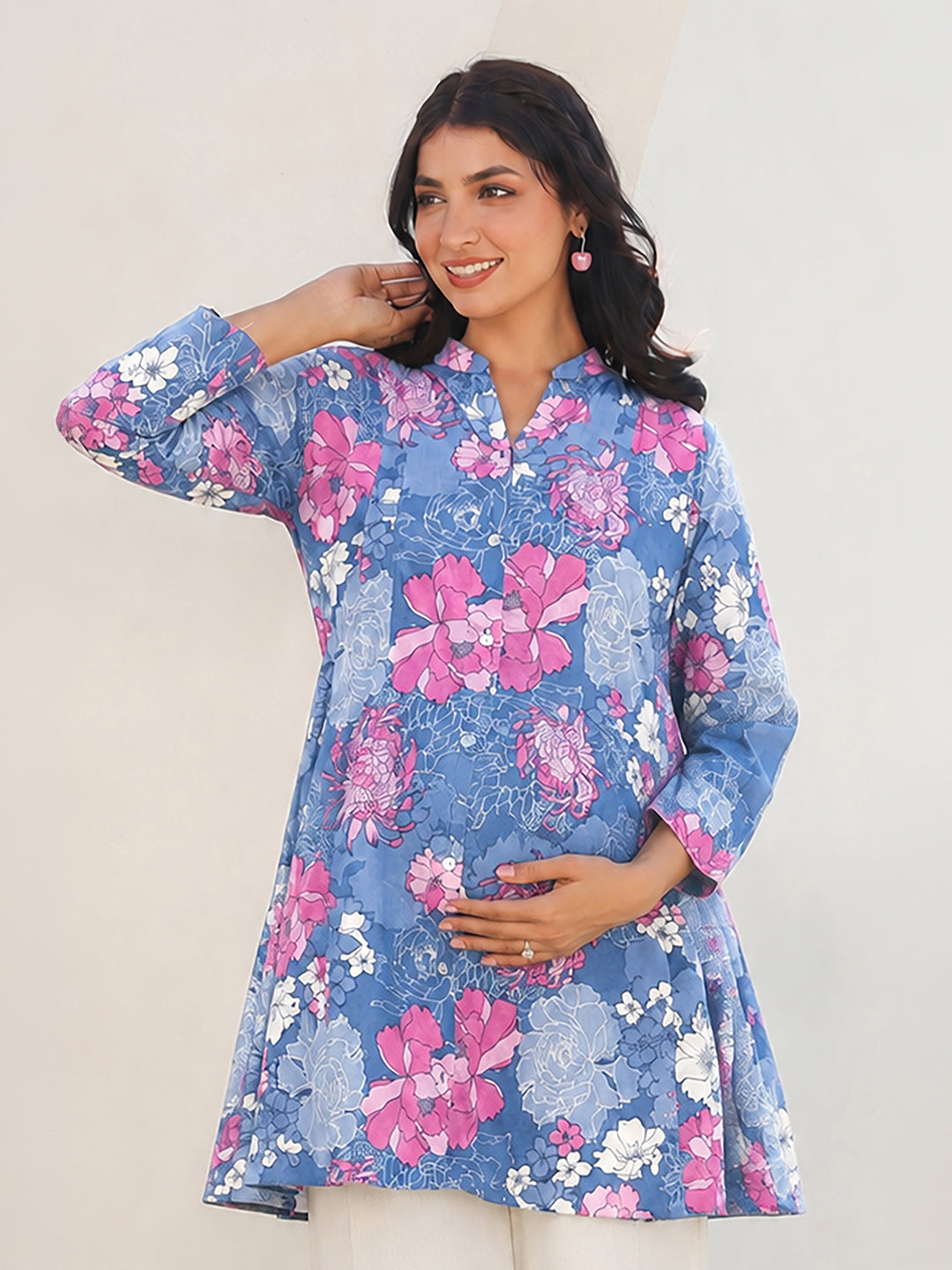Janasya Women's Maternity Blue Pure Cotton Floral Printed A-Line Tunic