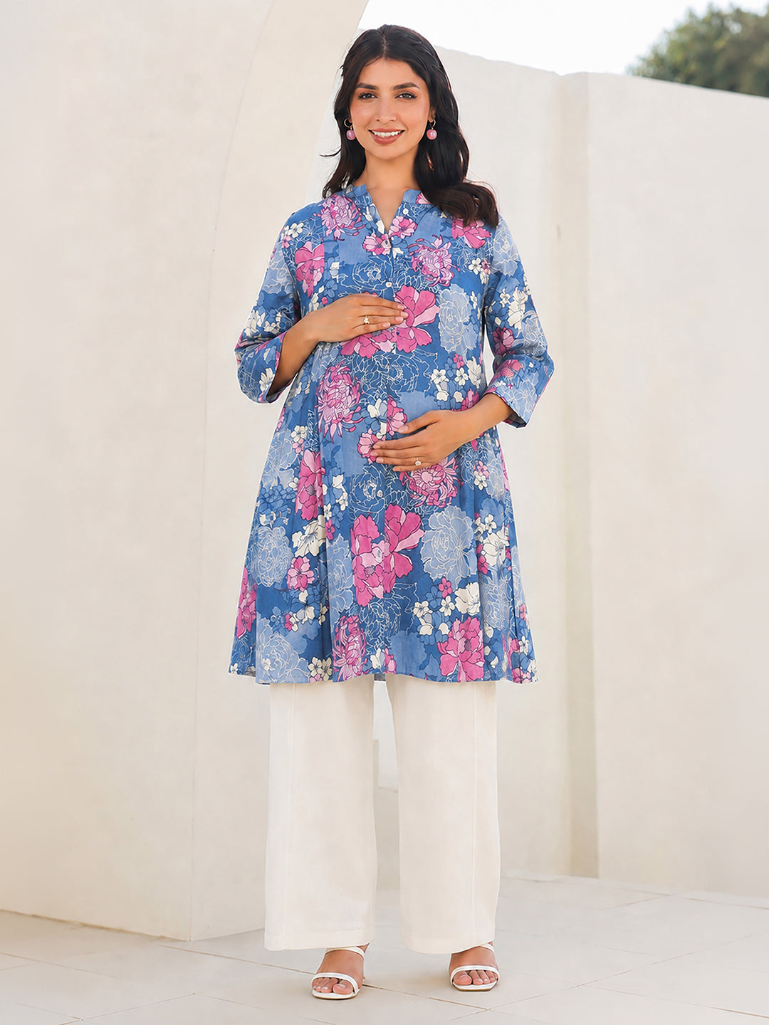 Janasya Women's Maternity Blue Pure Cotton Floral Printed A-Line Tunic