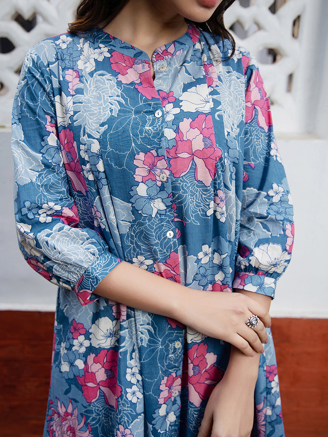 Blue Cotton Floral A-Line Tunic