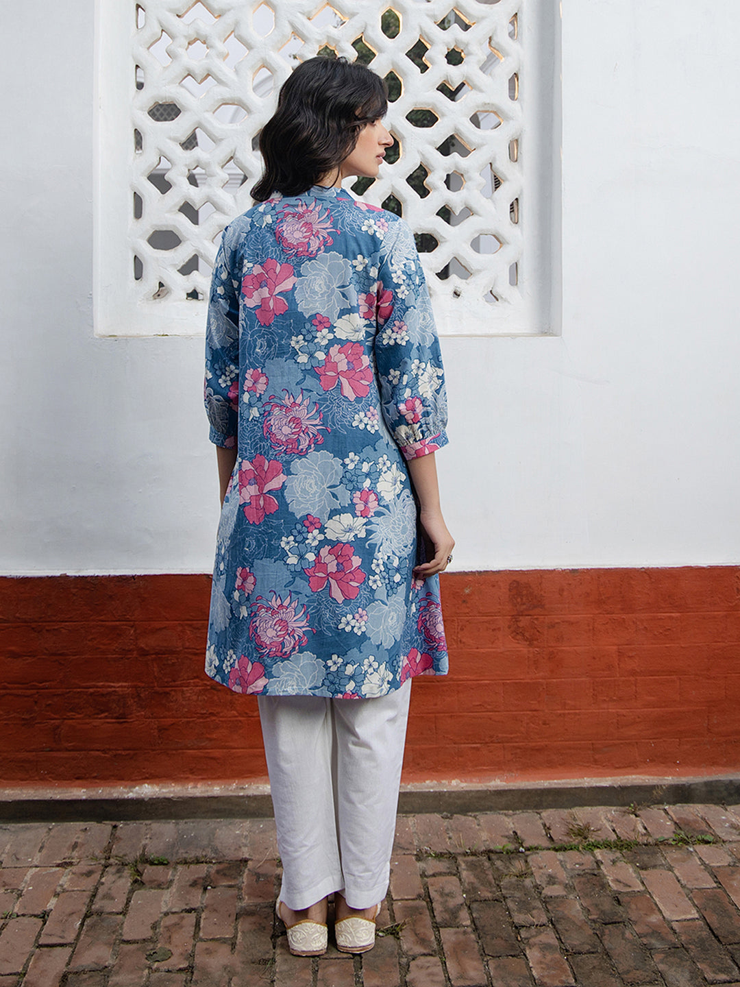 Blue Cotton Floral A-Line Tunic